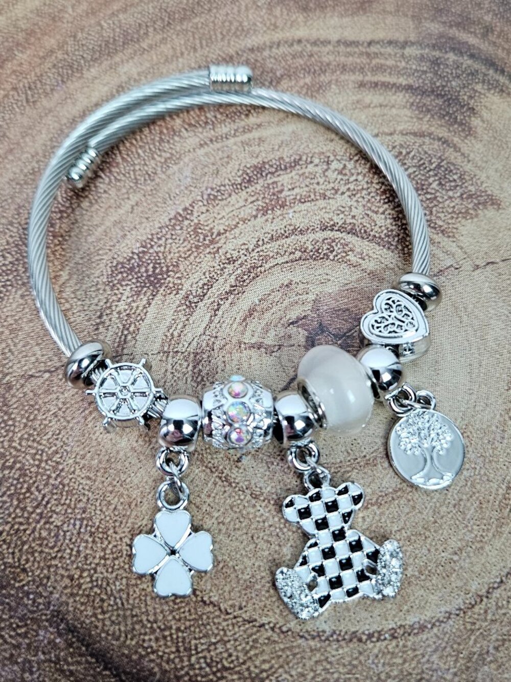 Adjustable Silver Tone Bangle Charm Bracelet